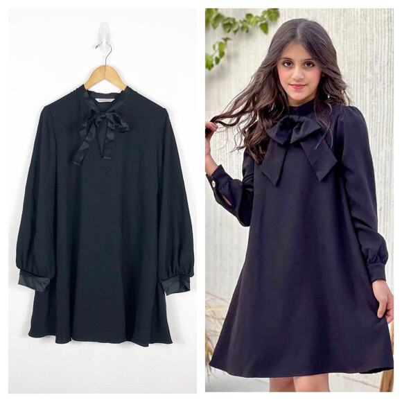 Amanda Uprichard Black Silk Neck Tie Puff Sleeve Mini Dress Large Quiet Luxury - Picture 1 of 11
